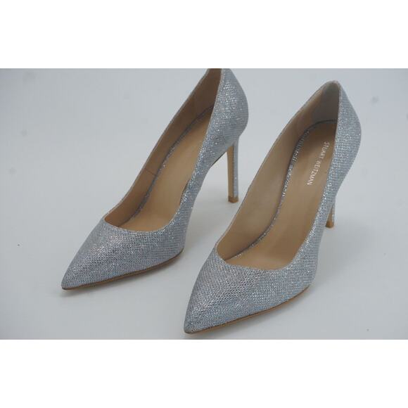 Stuart Weitzman Leigh Silver Glitter Pointed Toe Heel Pump SZ 8 $495 - Picture 4 of 12